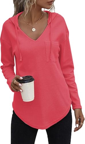 ELFIN Women's Long Sleeve V-neck Knitted Hooded Sweatshirt Solid Casual Pullovers Fashion Hoodies with Pocket Watermelon Red
