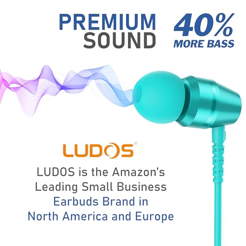 Image of LUDOS OMNITONE Wired Earbuds in-Ear Headphones, 5 Year Warranty, Earphones with Microphone, 3.5 mm Jack Corded Ear Buds, Videoconference for iPhone, Samsung, Laptop, Kids, School Students - Turquoise