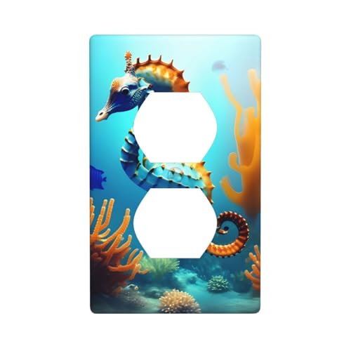 YYHWHJDE Placa de pared de doble enchufe con imagen de caballito de mar de coral de fondo marino, resistente a roturas y duradera, 4.5 x 2.75 pulgadas