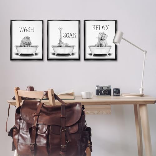 Image of Jungle Animals Bathroom Signage, 16 x 20 Inch Canvas in Floater Frame Set | Stupell Industries . By Rachel Nieman . Ready to hang . Great for bath and laundry . Made in USA