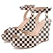 Women's Platform Wedge Sandals Round Peep Open Toe Ankle Strap Buckle Slingback High Heel Dress Shoes Black Beige Plaid Patent Leather Heels (Black Beige Plaid patent,6)