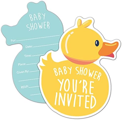 RZHV 15 Pack Yellow Ducky Duck Shaped Fill-In Invitations Cards With Envelopes for Boys Girls Adults, Funny Baby Shower Party Birthday Party Costume Party Invite (Baby Shower)