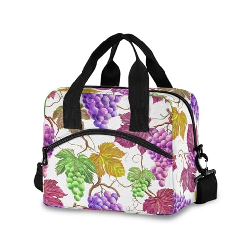 Insulated Lunch Bag Reusable Cooler Grape Leaves White Lunch Box Adjustable Shoulder Strap for Picnic Office School