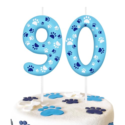Blue Dog Paw 90th Birthday Number Candles, Number 90 Candle Cake Toppers for Dog Lovers Themed Parties, 90th Birthday Cake Candles for Boys and Girls, Kids Party Supplies