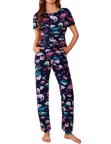 Ekouaer Womens Pajama Sets Short Sleeve Lounge Sets for Women Printed Jogger Pajama Set 2 Piece Pj Sets With Pockets S-XXL
