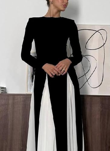 Women's Black and White Round Neck Long Sleeve Maxi Dress 2025 Winter Elegant Formal Evening Gown Daily Dress3