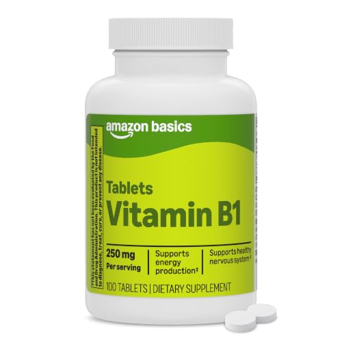 Amazon Basics Vitamin B1 (Thiamine) Tablets, 250 mg, Supports Nervous System and Energy Production, Gluten Free, 100 Count