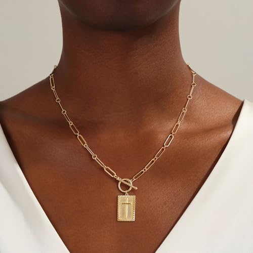 Moodear Gold/Sliver Cross Pendant Necklace for Women Trendy Chunky Cross Necklace Toggle Clasp Paperclip Chain Dainty Charm Necklace for Women Fashion Religious Simple Jewelry Gift2