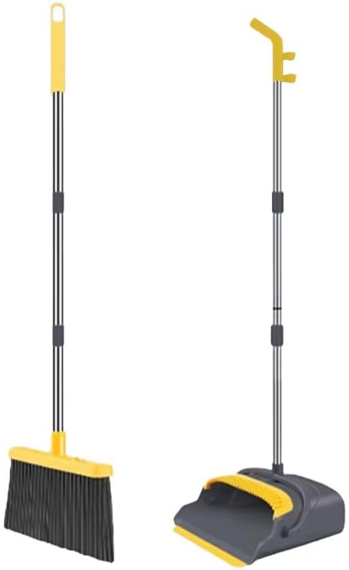 Upright Broom and Dustpan Set - Long Handle for No-Bending Comfort, 3 Rows Dense Bristles for Deep Sweeping, Suitable for Home, Office, Kitchen, Lobby, Shop, Indoor & Outdoor Spaces, Pink & Purple