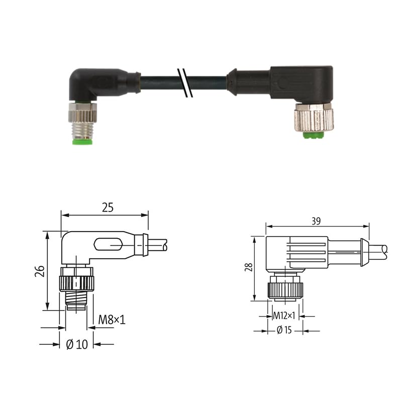Wiring Connecting Terminals - 7000-88321-6100030 Murr M8 Male 90° / M12 Female 90° A-cod. PVC 3x0.25 bk UL/CSA 0.3m 100%