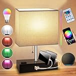 Smart RGB Dimmable Desk Lamp Works with Alexa & APP and Remote Control, Bedside Table Lamp with Charging Ports and Output and Phone Stand, Music for Bedroom Living Room Office Dorm