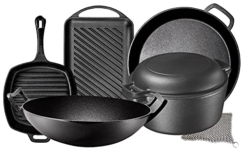 Pre Seasoned Cast Iron 7 Piece Bundle Gift Set, Double Dutch, Rectangular Grill Pan, Wok, Large Skillet, Square Grill Pan & Chainmail, Camping Cookware Set #TOP6