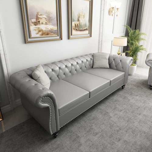 Image of WOODEN WORLD Modern & Classic Leather Sofa Set - Luxurious Comfort, Stylish Design, and Durable Build (Grey, 3 Seater)