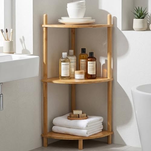 WooFawn 3-Tier Expandable Bamboo Corner Shelf Stand,Corner Bookshelf, Display Storage Shelves with Open Shelves, for Organization and Storage, Living Room, Home Office, Garage (1, Natural, 3-Tier)