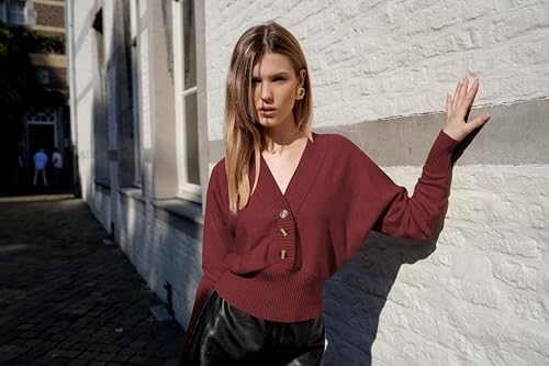Image of ZAFUL Women V Neck Button Knit Crop Sweaters Batwing Sleeve V Back Ribbed Hem Pullover Sweater
