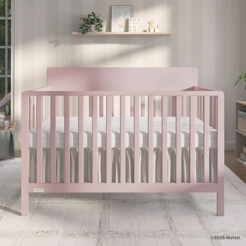 Image of Fisher-Price Meadowbrook 4-in-1 Convertible Full Size Baby Crib, Wooden Nursery Furniture, Converts to Toddler Bed with Guardrail, Daybed & Full-Size Bed, Greenguard Gold & BSA Certified, Pink