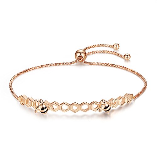 Image of Honeycomb Honeybees Bracelet Sterling Silver 925 with Black Enamel Adjustable Bangle Link Chain 10 inch