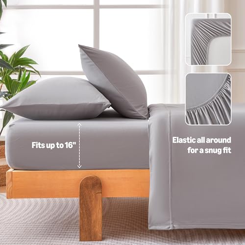 Image of Amazon Basics Jersey Knit 4-Piece Sheet Set, Wrinkle Free and Easy Fit, Includes 16 inch Deep Pocket Fitted Sheet, 1 Flat Sheet and 2 Pillowcases, Queen, Gray