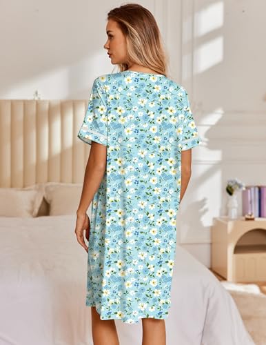 Image of Ekouaer Nightgowns for Women House Dress with Pockets Snap Front House Coat Short Sleeve Duster Moo Moos Sleepwear S-3XL