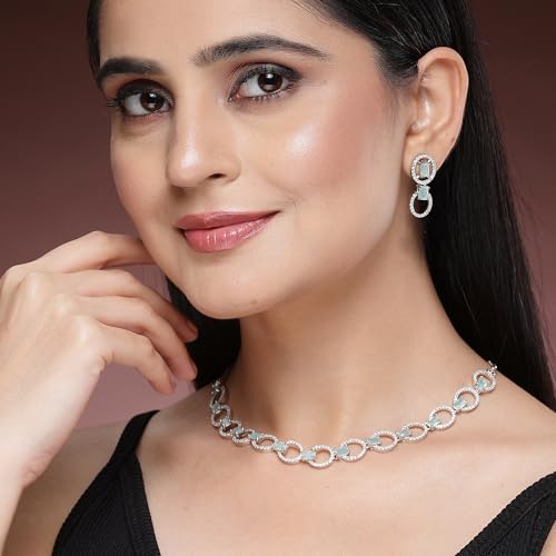 Image of ZENEME Rhodium-Plated American Diamond Studded Disc-Shaped Necklace With Earrings Jewellery Set For Girls and Women