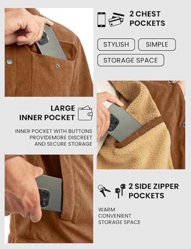 Image of TBMPOY Men's Corduroy Jacket Fleece Sherpa Winter Trucker Work Cargo Coat | Warm,Thick,5 Pockets,Turn-down Collar,Casual,Travel