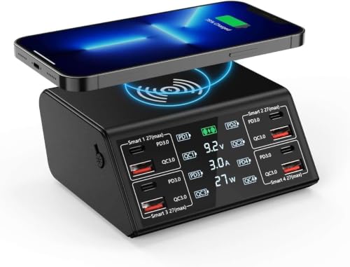 Image of 100W USB Charger Desktop 8-Port Charging Station Hub with Quick Charge 18W QC 3.0 USB Ports, with 27W PD Fast Charger Ports and LCD Display Wireless Charging Station for 1Phone 1Pad Galaxy (838W 100W)