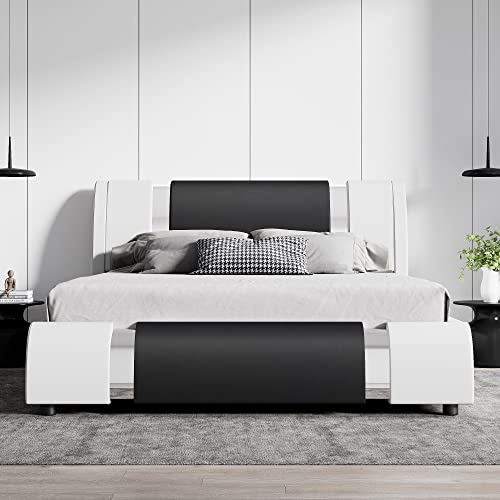 Sha Cerlin Modern Faux Leather Queen Bed Frame With Adjustable Headboard And Iron Accents, Deluxe Upholstered Platform Bed With Solid Wooden Slats Support/No Box Spring Needed/Black With White Sides #TOP1