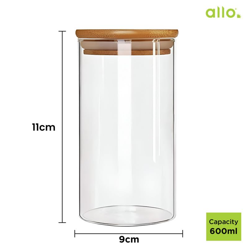 Image of Allo 600ML Kitchen Storage Box Glass Jars With Wooden Lids - Borosilicate Glass Food Storage Containers Airtight Glass Jar for Tea, Coffee, Spice, Pulses, Masala (Round Glass Jar - Set of 2)