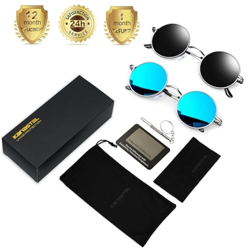 Miniatura 6 de Kanastal 2 Pares Gafas De Sol Polarizadas Azul Hombre Y Mujer Redondos Retro Uv400 Protección Hippie Steampunk Estilo Clásico Círculo Metálico - Plata Negras Plateadas Azules