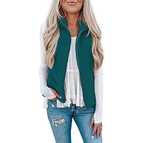 LOMON Womens Fuzzy Sherpa Fleece Jacket Lightweight Vest Cozy Sleeveless Cardigan Zipper Waistcoat Outerwear with Pocket S-pine Green Small