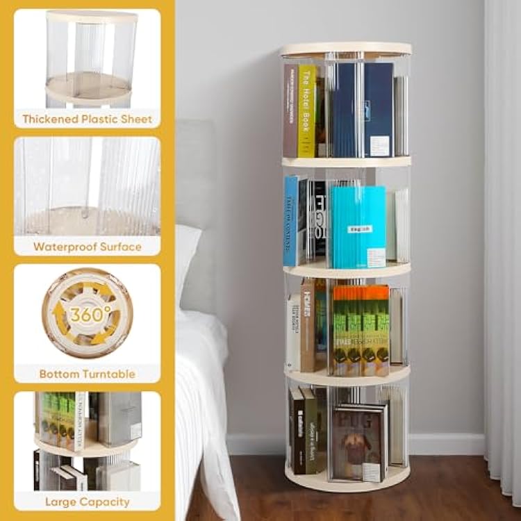 FAHKNS 4 Tier Rotating Bookshelf,360 Revolving Bookcase Tower,Clear Acrylic Round Book Shelf for Small Space,Suitable for Spinning Bookshelf Tower in Bedroom, Living Loom, Office