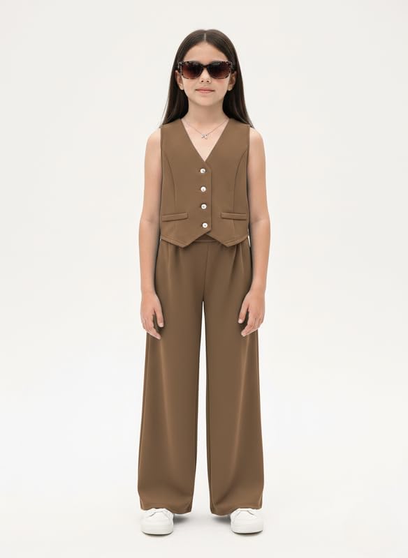 PABROS Kids Clothes for Girls of Two-Piece Set, Sleeveless Button Front Vest with Wide Leg Pants Set, Cotton Textured Fabric, Summer Dress for Girls Brown 3