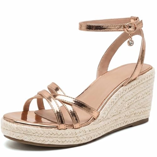 Image of Dressy Open Toe Sandals Platform Wedge Sandals with Cushioned Insole and Ankle Strap Buckle,Strappy Espadrille Wedge Sandals for Women Comfortable Summer