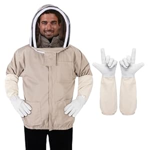 Bee Suit Jacket- Beekeeping Jacket for Men Women- Polycotton Bee Jacket with Beekeeping Gloves- Beekeeper Jacket with Veil Hood(Shallow Coffee, L)