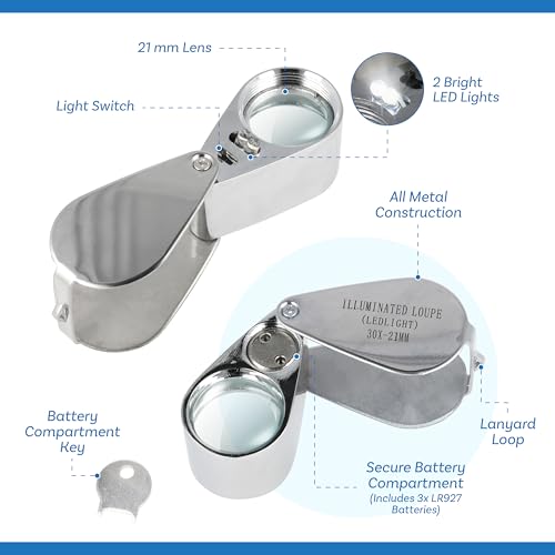 Loupe de bijoutier LED 30x à double éclairage pour examen de précision