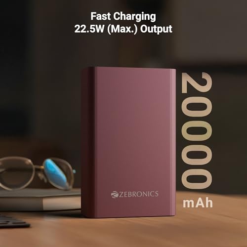 Image of ZEBRONICS EnergiTank 20MR1, Metal Power Bank, 20000 mAh, 22.5W Super Fast Charging PD 3.0 (PPS), Dual Type C & USB Port, LED Indicator, for iPhone, Android, Tablets, Airpods (Raspberry)