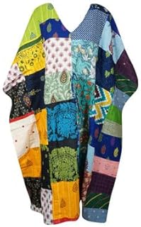 Mogul Interior Cotton Maxi Dress, Patchwork Multicolor Floral Print Kaftan, Beach Long Caftan L-3X