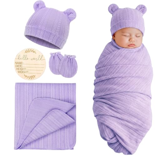 Image of DRESHOW BQUBO Newborn Receiving Blankets for Baby Girl Boy Swaddle with Bear Hat No Scratch Mittens Announcement Card Set for 0-3 Months