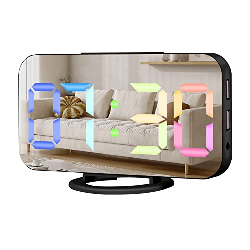 Muoigoe Digital Alarm Clock,Large Display LED and Mirror Desk Clock with Dual USB Charger Ports, 3 Levels Brightness,12/24H Alarm Clocks, Modern Electronic Clock for Bedroom Living Room - Black RGB