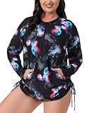 Halcurt Women Plus Size Long Sleeve Rash Guard with Bra Pockets Half Zip Swim Shirt Side Drawstring Adjustable UPF50 Swimsuit Top Jerryfish Shirt 3X