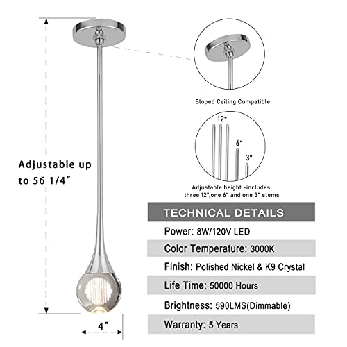 Untrammelife 1-Light Teardrop Crystal Pendant Light, Mini Globe Led Ceiling Hanging Light In Polished Nickel Finish, 8W Dimmable Glass Pendant Lighting For Kitchen Bathroom Dining Room Bar #TOP1