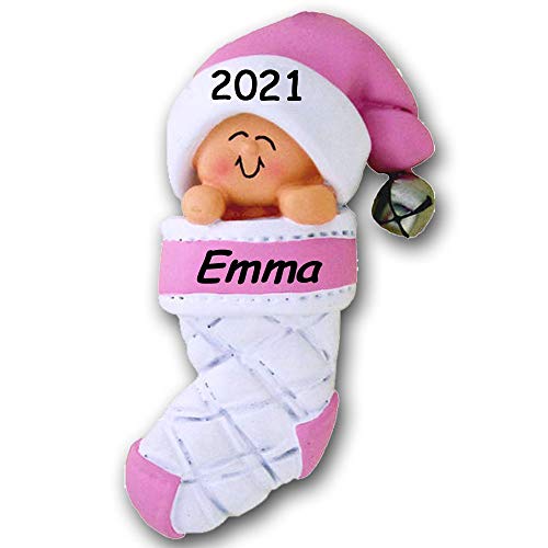 Personalized 2022 Baby s First Christmas Pink Girl in Stocking with Santa Stocking Cap and Jingle Bell Christmas Tree Ornament with Name and Date