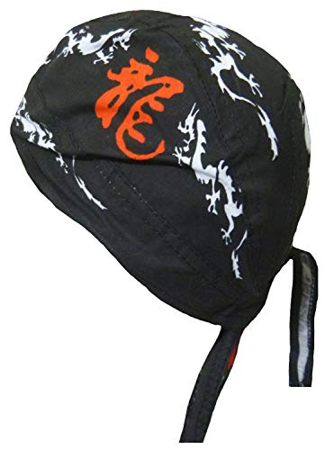 Chinese Dragon Skull Cap Black Doo Rag Durag Asian Bandana Headwrap (Black Red and White Dragon Dorag II)
