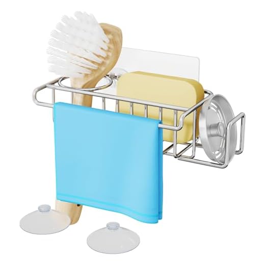 HapiRm 4 in 1 Adhesive Sink Caddy Sponge Holder, SUS304 Stainless Steel Sink Basket Brush Holder + Dish Cloth Hanger + Soap Rack + Sink Stopper Holder with 2 Installation Ways - Silver