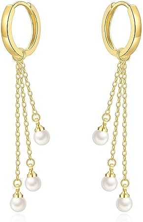 Pearl Drop Earrings for Women, Sterling Silver Pearl Dangle Earrings Hypoallergenic Teardrop Round Pearl Hoop Earrings Jewellery Gifts for Ladies Girls, Silver/Gold