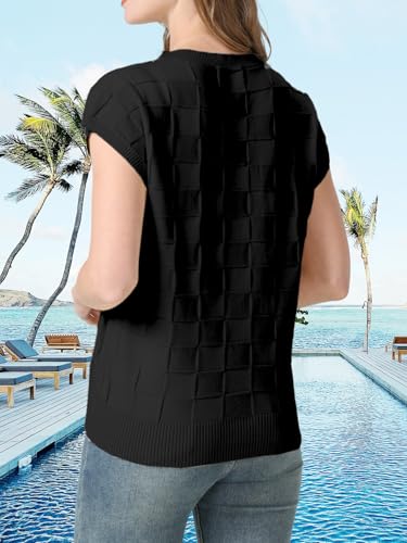 Womens Summer Trendy Shirts Tops 2025 Cap Short Sleeve Sweater Vest Crewneck Checkered Pocket Lightweight Tee Outfits3