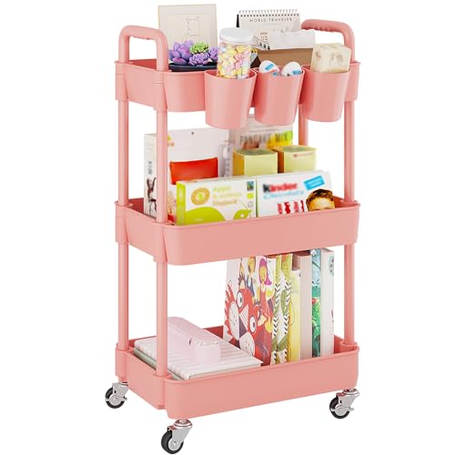 Image of UDEAR 3-Tier Rolling Utility Cart,Multifunctional Storage Shelves with Handle and Lockable Wheels for Room,Office,Kitchen,Bathroom,with 3 Hanging Cups,Pink