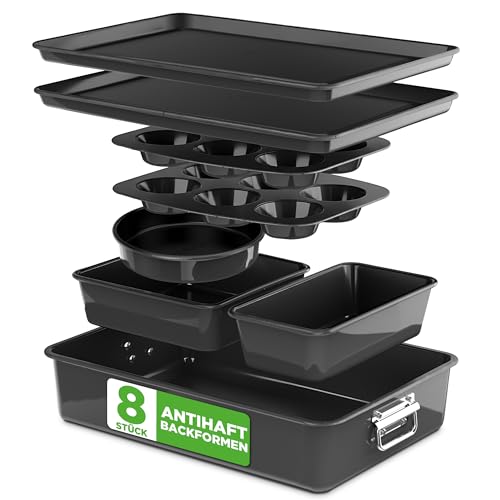 NutriChef Backformen Set 8-teilig – Auflaufform, Brotbackform, Backblech, Muffin Backform, Schwarz, Kuchenform rund & eckig, stapelbar & antihaft, spülmaschinenfest, ofenfest bis 230°C