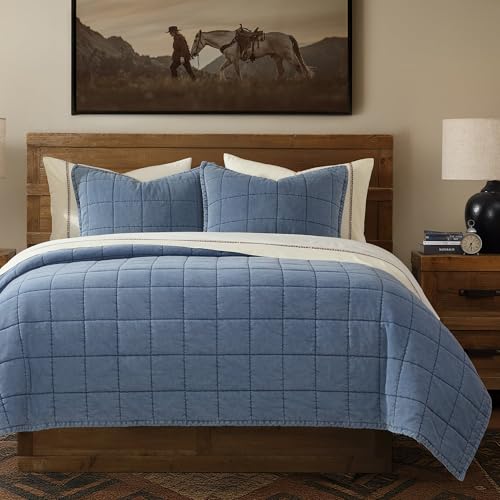 Image of Paseo Road Stonewashed Denim 3 Piece Queen Blue Western Bedding Quilt Set