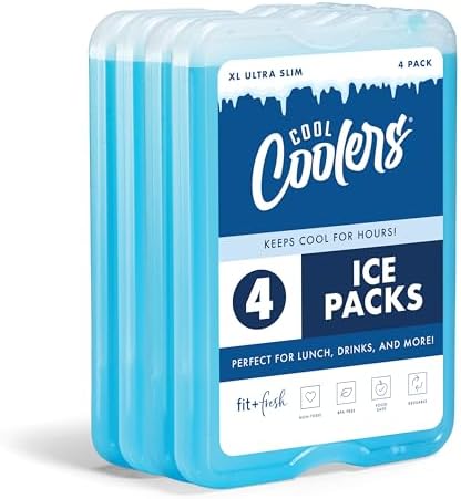 Cool Coolers by Fit & Fresh 4 Pack XL Slim Ice Packs, Quick Freeze Space Saving Reusable Ice Packs for Lunch Boxes or Coolers, Blue, 239ICE, 4 count (Pack of 1)